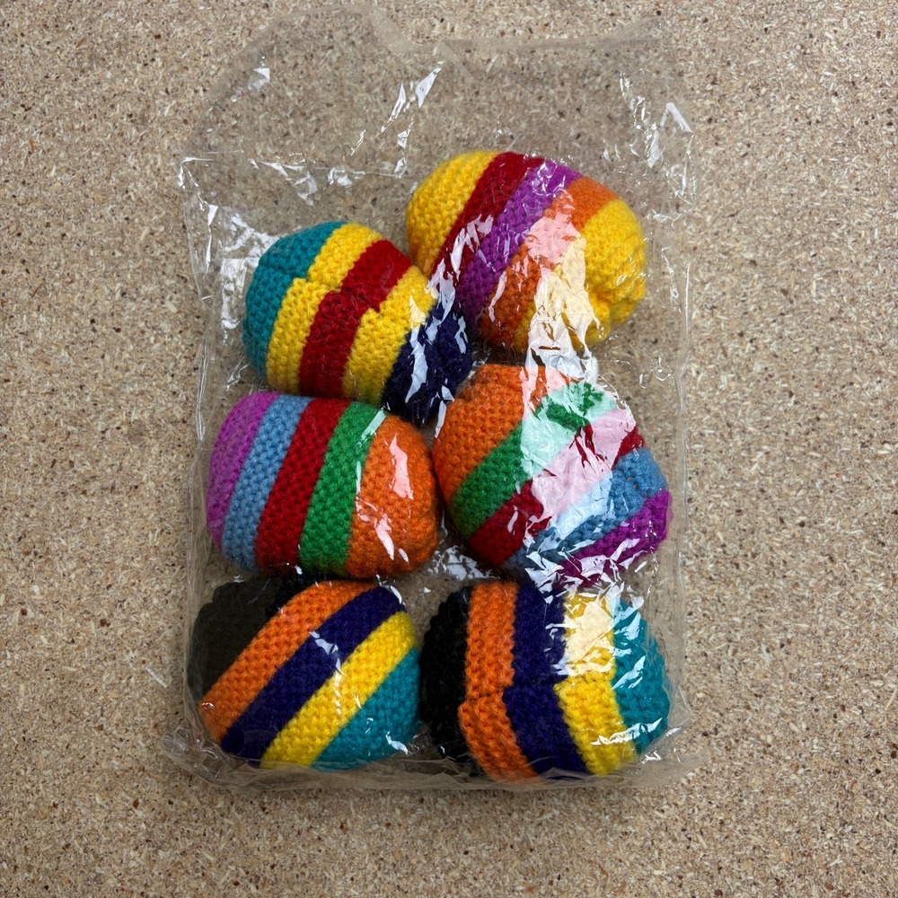 Set of 6 Crochet Hacky Sacks Multi Color Striped Woven Footbags Rainbow